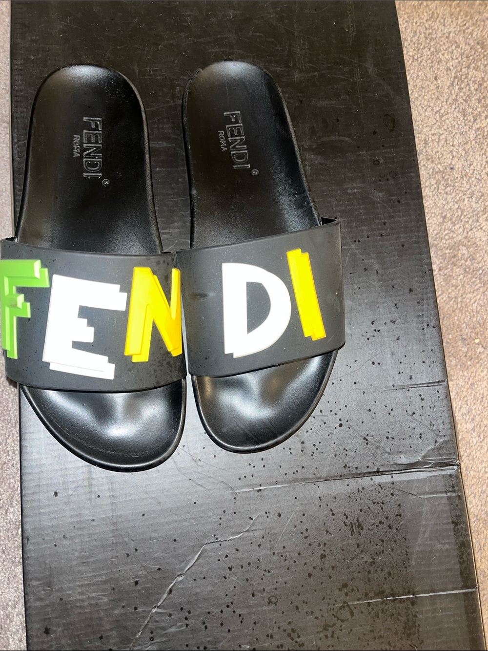 Fendi Kids Black Slide Sandals with White, Yellow & Green Logo